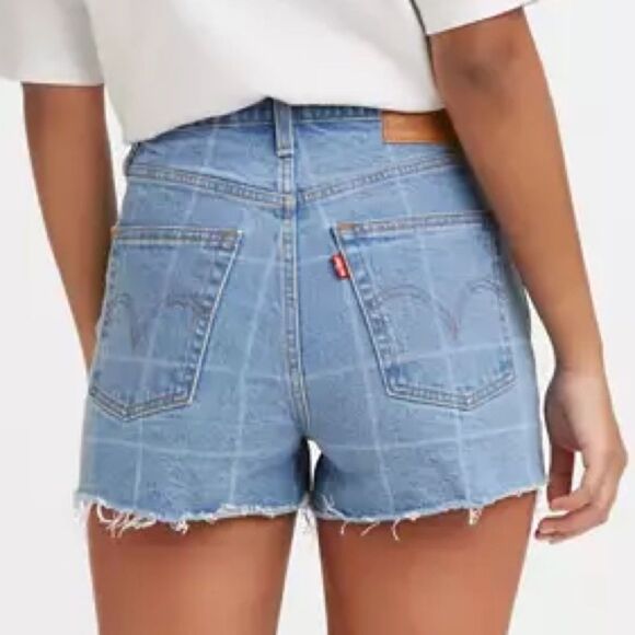 Levi’s Premium Ribcage Shorts Sz 29 Jive Windowpane High Rise Raw Hem Denim Blue - Picture 4 of 12